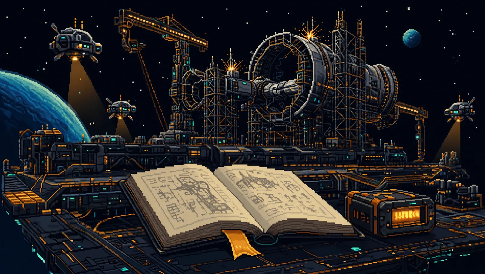 Pixel-art panorama of an orbital shipyard: a half-built station in scaffolding, maintenance drones, and the open engineering logbook